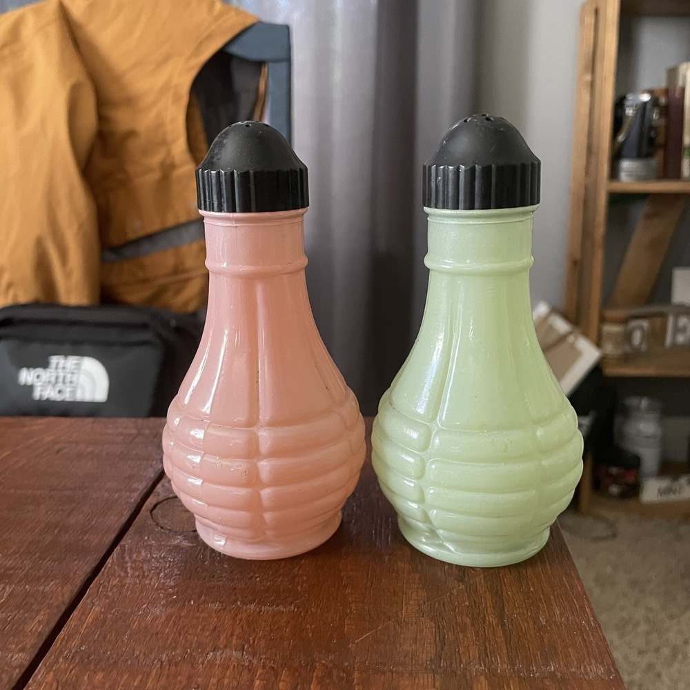 Hazel Atlas Vintage Salt Pepper Shakers Pink Green Squares Pastel Glass Set of 2
